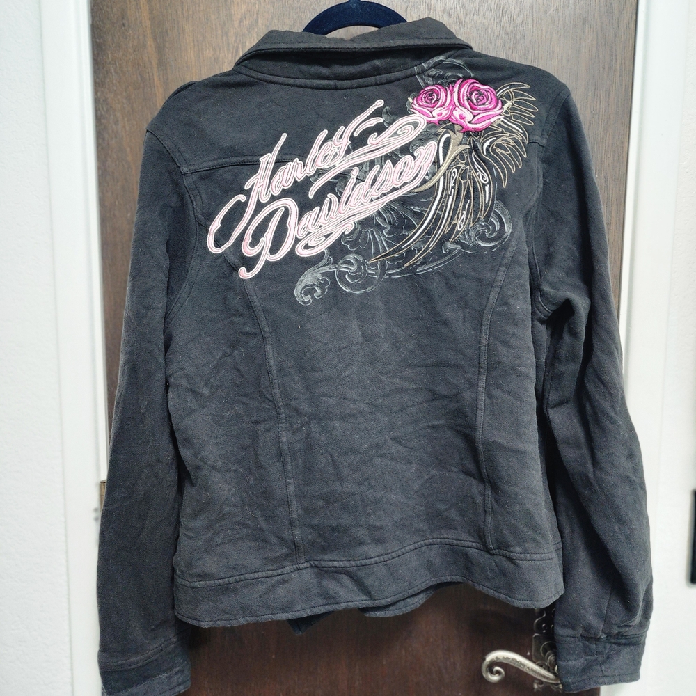 Assymetric Moto Rose Embroidered Harley Dsvidson Jacket XL - Picture 2 of 11